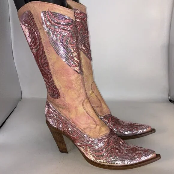 Damy Western Cowboy BootsItaly Haute Couture Sequinned Leather EU 40 US 9 9.5